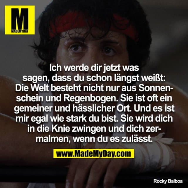 Ich werde dir jetzt was sagen, dass du schon längst weißt: Die Welt besteht nicht nur aus Sonnenschein und Regenbogen. Sie ist oft ein gemeiner und hässlicher Ort. Und es ist mir egal wie stark du bist. Sie wird dich in die Knie zwingen und dich zermalmen, wenn du es zulässt. - Inspiration, Zitate & Sprüche | MadeMyDay | Jetzt entdecken & teilen Ich werde dir jetzt was sagen, dass du schon längst weißt: Die Welt besteht nicht nur aus Sonnenschein und Regenbogen. Sie ist oft ein gemeiner und hässlicher Ort. Und es ist mir egal wie stark du bist. Sie wird dich in die Knie zwingen und dich zermalmen, wenn du es zulässt. - Inspirierendes Zitat mit Bild