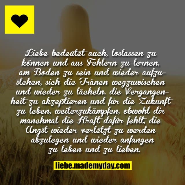 Liebe bedeutet auch, loslassen zu können und aus Fehlern zu lernen, am Boden zu sein und wieder aufzustehen, sich die Tränen wegzuwischen und wieder zu lächeln, die Vergangenheit zu akzeptieren und für die Zukunft zu leben, weiterzukämpfen, obwohl dir manchmal die Kraft dafür fehlt, die Angst wieder verletzt zu werden abzulegen und wieder anfangen zu leben und zu lieben. - Inspiration, Zitate & Sprüche | MadeMyDay | Jetzt entdecken & teilen Liebe bedeutet auch, loslassen zu können und aus Fehlern zu lernen, am Boden zu sein und wieder aufzustehen, sich die Tränen wegzuwischen und wieder zu lächeln, die Vergangenheit zu akzeptieren und für die Zukunft zu leben, weiterzukämpfen, obwohl dir manchmal die Kraft dafür fehlt, die Angst wieder verletzt zu werden abzulegen und wieder anfangen zu leben und zu lieben. - Inspirierendes Zitat mit Bild