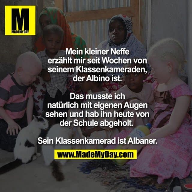 Mein kleiner Neffe
erzählt mir seit Wochen von
seinem Klassenkameraden,
der Albino ist.
Das musste ich
natürlich mit eigenen Augen
sehen und hab ihn heute von
der Schule abgeholt.
Sein Klassenkamerad ist Albaner. - Inspiration, Zitate & Sprüche | MadeMyDay | Jetzt entdecken & teilen Mein kleiner Neffe
erzählt mir seit Wochen von
seinem Klassenkameraden,
der Albino ist.
Das musste ich
natürlich mit eigenen Augen
sehen und hab ihn heute von
der Schule abgeholt.
Sein Klassenkamerad ist Albaner. - Inspirierendes Zitat mit Bild