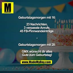 Geburtstagsmorgen mit 16:
23 Nachrichten,
3 verpasste Anrufe,
45 FB-Pinnwandeinträge.
-
Geburtstagsmorgen mit 28:
GM