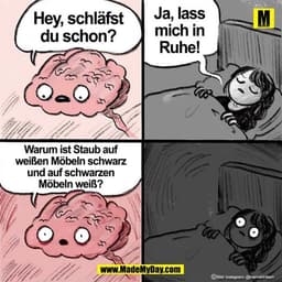 Hey, schläfst
du schon?
Ja, lass
mich in
Ruhe!
Warum ist Staub auf
weißen Möbeln schwarz
und auf schwarzen
Möbeln weiß