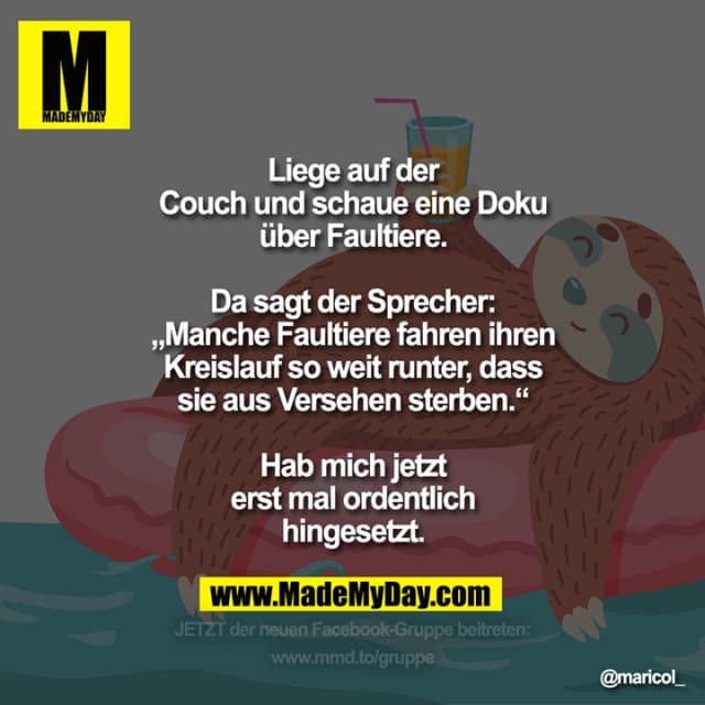Liege auf der Couch und schaue eine Doku über Faultiere.
Da sagt der Sprecher: „Manche Faultiere fahren ihren Kreislauf so weit runter, dass sie aus Versehen sterben.“
Hab mich jetzt erst mal ordentlich hingesetzt. - Inspiration, Zitate & Sprüche | MadeMyDay | Jetzt entdecken & teilen Liege auf der Couch und schaue eine Doku über Faultiere.
Da sagt der Sprecher: „Manche Faultiere fahren ihren Kreislauf so weit runter, dass sie aus Versehen sterben.“
Hab mich jetzt erst mal ordentlich hingesetzt. - Inspirierendes Zitat mit Bild