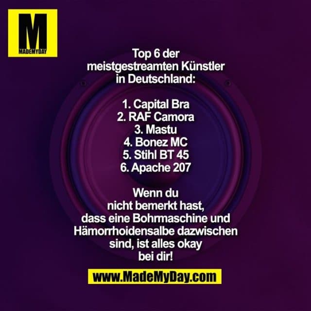 Top 6 der
meistgestreamten Künstler
in Deutschland:
1. Capital Bra
2. RAF Camora
3. Mastu
4. Bonez MC
5. Stihl BT 45
6. Apache 207
Wenn du
nicht bemerkt hast,
dass eine Bohrmaschine und
Hämorrhoidensalbe dazwischen
sind, ist alles okay
bei dir! - Inspiration, Zitate & Sprüche | MadeMyDay | Jetzt entdecken & teilen Top 6 der
meistgestreamten Künstler
in Deutschland:
1. Capital Bra
2. RAF Camora
3. Mastu
4. Bonez MC
5. Stihl BT 45
6. Apache 207
Wenn du
nicht bemerkt hast,
dass eine Bohrmaschine und
Hämorrhoidensalbe dazwischen
sind, ist alles okay
bei dir! - Inspirierendes Zitat mit Bild