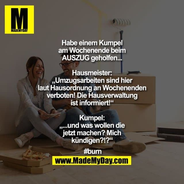 Habe einem Kumpel am Wochenende beim AUSZUG geholfen...
Hausmeister:
„Umzugsarbeiten sind hier laut Hausordnung an Wochenenden verboten! Die Hausverwaltung ist informiert!“
Kumpel: „...und was wollen die jetzt machen? Mich kündigen?!?“
#burn - Inspiration, Zitate & Sprüche | MadeMyDay | Jetzt entdecken & teilen Habe einem Kumpel am Wochenende beim AUSZUG geholfen...
Hausmeister:
„Umzugsarbeiten sind hier laut Hausordnung an Wochenenden verboten! Die Hausverwaltung ist informiert!“
Kumpel: „...und was wollen die jetzt machen? Mich kündigen?!?“
#burn - Inspirierendes Zitat mit Bild