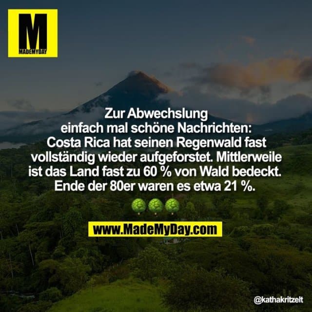 Zur Abwechslung einfach mal schöne Nachrichten: Costa Rica hat seinen Regenwald fast vollständig wieder aufgeforstet. Mittlerweile ist das Land fast zu 60 % von Wald bedeckt. Ende der 80er waren es etwa 21 %. ��� - Inspiration, Zitate & Sprüche | MadeMyDay | Jetzt entdecken & teilen Zur Abwechslung einfach mal schöne Nachrichten: Costa Rica hat seinen Regenwald fast vollständig wieder aufgeforstet. Mittlerweile ist das Land fast zu 60 % von Wald bedeckt. Ende der 80er waren es etwa 21 %. ��� - Inspirierendes Zitat mit Bild