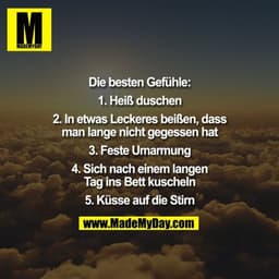 Die besten Gefühle:
1. Heiß duschen
2. In etwas Leckeres beißen, dass
man lange nicht gegessen hat
3. Feste Umarmung