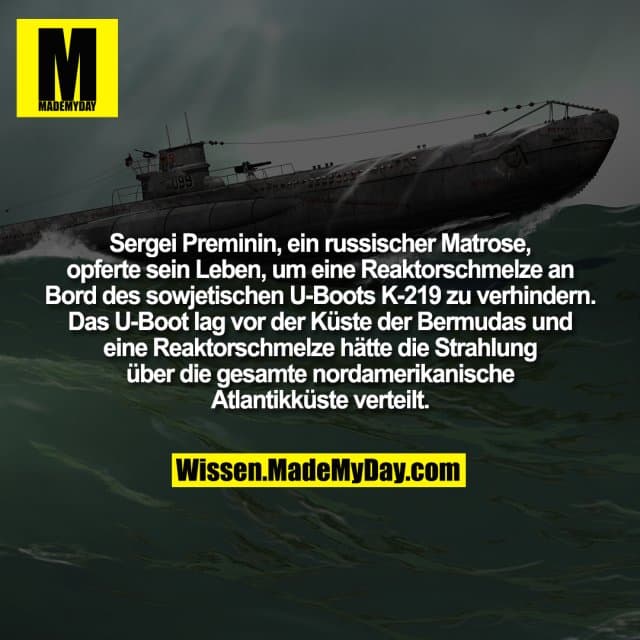 Sergei Preminin, ein russischer Matrose, opferte sein Leben, um eine Reaktorschmelze an Bord des sowjetischen U-Boots K-219 zu verhindern. Das U-Boot lag vor der Küste der Bermudas und eine Reaktorschmelze hätte die Strahlung über die gesamte nordamerikanische Atlantikküste verteilt. - Inspiration, Zitate & Sprüche | MadeMyDay | Jetzt entdecken & teilen Sergei Preminin, ein russischer Matrose, opferte sein Leben, um eine Reaktorschmelze an Bord des sowjetischen U-Boots K-219 zu verhindern. Das U-Boot lag vor der Küste der Bermudas und eine Reaktorschmelze hätte die Strahlung über die gesamte nordamerikanische Atlantikküste verteilt. - Inspirierendes Zitat mit Bild