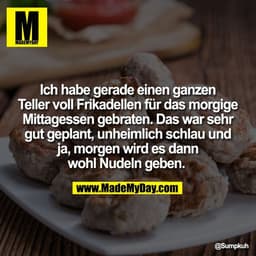 Ich habe gerade einen ganzen
Teller voll Frikadellen für das morgige
Mittagessen gebraten. Das war sehr
gut geplant, unh