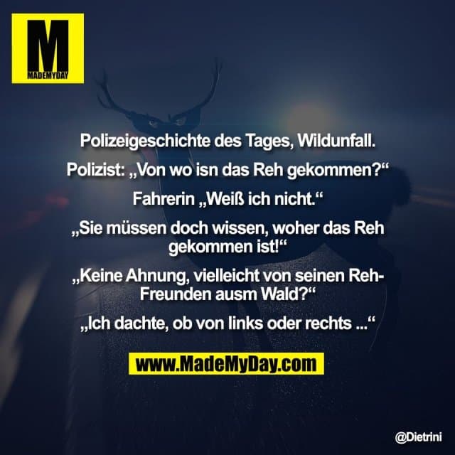 Polizeigeschichte des Tages, Wildunfall.
Polizist: „Von wo isn das Reh gekommen?“
Fahrerin „Weiß ich nicht.“
„Sie müssen doch wissen, woher das Reh
gekommen ist!“
„Keine Ahnung, vielleicht von seinen Reh-
Freunden ausm Wald?“
„Ich dachte, ob von links oder rechts ...“ - Inspiration, Zitate & Sprüche | MadeMyDay | Jetzt entdecken & teilen Polizeigeschichte des Tages, Wildunfall.
Polizist: „Von wo isn das Reh gekommen?“
Fahrerin „Weiß ich nicht.“
„Sie müssen doch wissen, woher das Reh
gekommen ist!“
„Keine Ahnung, vielleicht von seinen Reh-
Freunden ausm Wald?“
„Ich dachte, ob von links oder rechts ...“ - Inspirierendes Zitat mit Bild