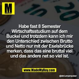 Habe fast 8 Semester
Wirtschaftsstudium auf dem
Buckel und trotzdem kann ich mir
den Unterschied zwischen Brutto
und Net