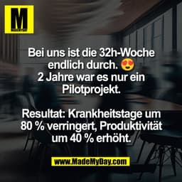 Bei uns ist die 32h-Woche
endlich durch. 😍
2 Jahre war es nur ein
Pilotprojekt.
Resultat: Krankheitstage um
80 % verri