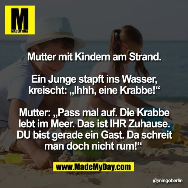 Mutter mit Kindern am Strand.
Ein Junge stapft ins Wasser,
kreischt: „Ihhh, eine Krabbe!“
Mutter: „Pass mal auf. Die Krabbe
lebt im Meer. Das ist IHR Zuhause.
DU bist gerade ein Gast. Da schreit
man doch nicht rum!“ - Inspiration, Zitate & Sprüche | MadeMyDay | Jetzt entdecken & teilen Mutter mit Kindern am Strand.
Ein Junge stapft ins Wasser,
kreischt: „Ihhh, eine Krabbe!“
Mutter: „Pass mal auf. Die Krabbe
lebt im Meer. Das ist IHR Zuhause.
DU bist gerade ein Gast. Da schreit
man doch nicht rum!“ - Inspirierendes Zitat mit Bild