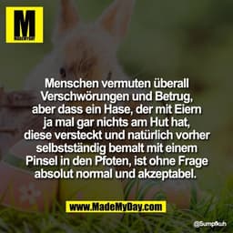 Menschen vermuten überall
Verschwörungen und Betrug,
aber dass ein Hase, der mit Eiern
ja mal gar nichts am Hut hat,
die