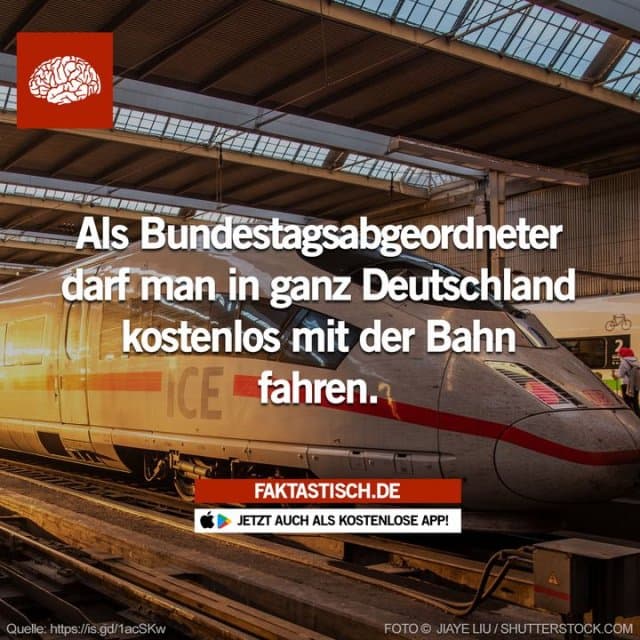 Alle Verkehrsmittel der Deutschen Bahn können kostenfrei genutzt werden – auch privat – und die Kosten trägt der Steuerzahler 🚅 📲 Mehr Fakten gibt es in unserer kostenlosen App (Download im App Store oder Play Store) - Inspiration, Zitate & Sprüche | MadeMyDay | Jetzt entdecken & teilen Alle Verkehrsmittel der Deutschen Bahn können kostenfrei genutzt werden – auch privat – und die Kosten trägt der Steuerzahler 🚅 📲 Mehr Fakten gibt es in unserer kostenlosen App (Download im App Store oder Play Store) - Inspirierendes Zitat mit Bild