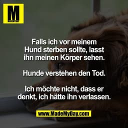 Falls ich vor meinem
Hund sterben sollte, lasst
ihn meinen Körper sehen.
Hunde verstehen den Tod.
Ich möchte nicht, da