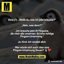 Kind (7): „Weißt du, was ich jetzt brauche?“
„Nein, was denn?“
„Ich brauche jetzt 20 Pinguine,
die mich alle umarmen.